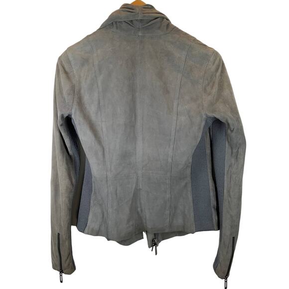 VINCE | XS | Women's Grey Suede Leather Mixed Media Drape Collar Biker Jacket - Picture 7 of 8
